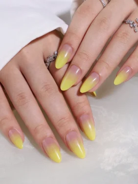 Shein - 30pcs Long Almond Shaped Simple Style Nude Color And Lemon Yellow Gradient False Nails With 1pc Nail File And 1pc Jelly Glue