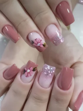Shein - Instantly Upgrade Your Look With 24Pcs Middle Square Modernist Daily Classic False Nails Elegant Sparkling Water Diamond Glitter Sequin Rose Flower Rose Red Full Cover Detachable