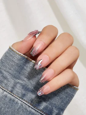Shein - 24pcs Short Coffin Shaped Starry Rhinestone Nail Art False Nails With Jelly Glue And Nail File, Nail Stickers