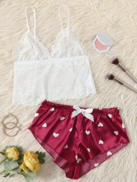 Shein - Pure Desire Floral Lace Bralette With Heart Print Shorts
